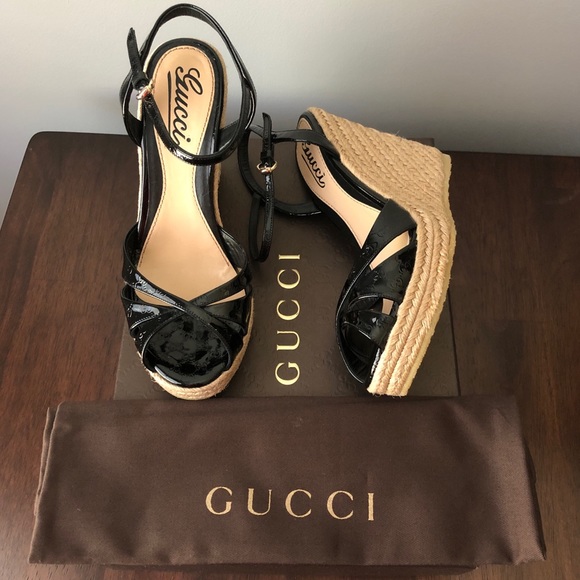Gucci Shoes - GUCCI | Espadrille Wedge Black Patent Leather